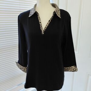 Women's Black Top with Leapord Print Collar/ Cuffs Pullover Shirt XL Gently Used